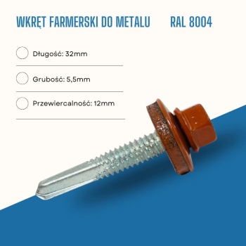 Wkręt farmerski do metalu 5,5X32 mm przewiercalność 12 mm w kolorze RAL 8004